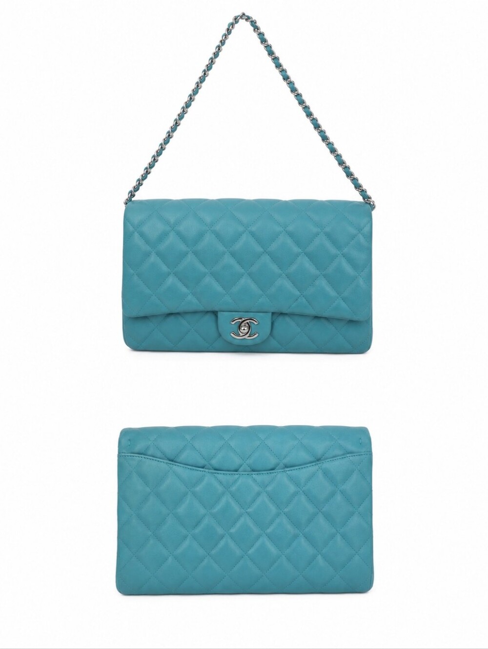 Chanel Medium Lambskin Clutch on Chain Tiffant Blue, Entrupy Authenticated - Picture 2 of 12